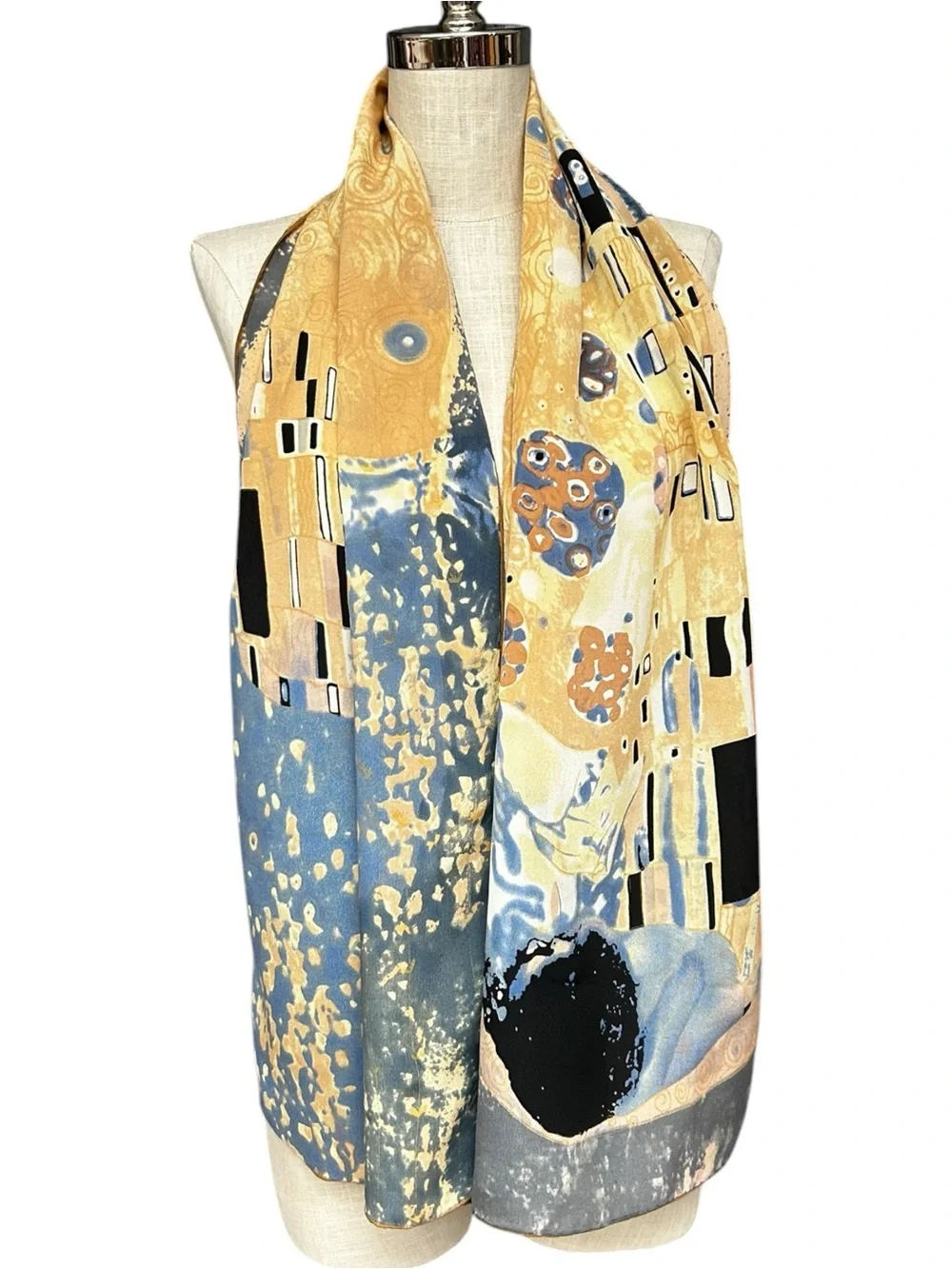 Gustav Klimt The Kiss Art Print 100% Silk Oblong Scarf Blue Gold 62x16